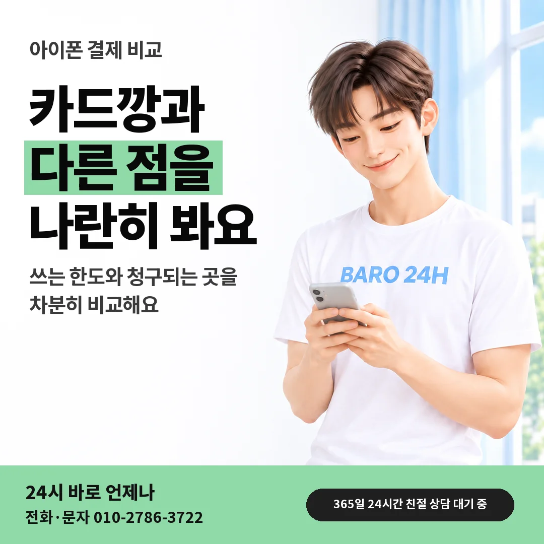 BARO 24H 티셔츠를 입은 3D 인물 옆에 「아이폰 카드깡과 다른 점 읽기」 제목을 얹은 안내 카드